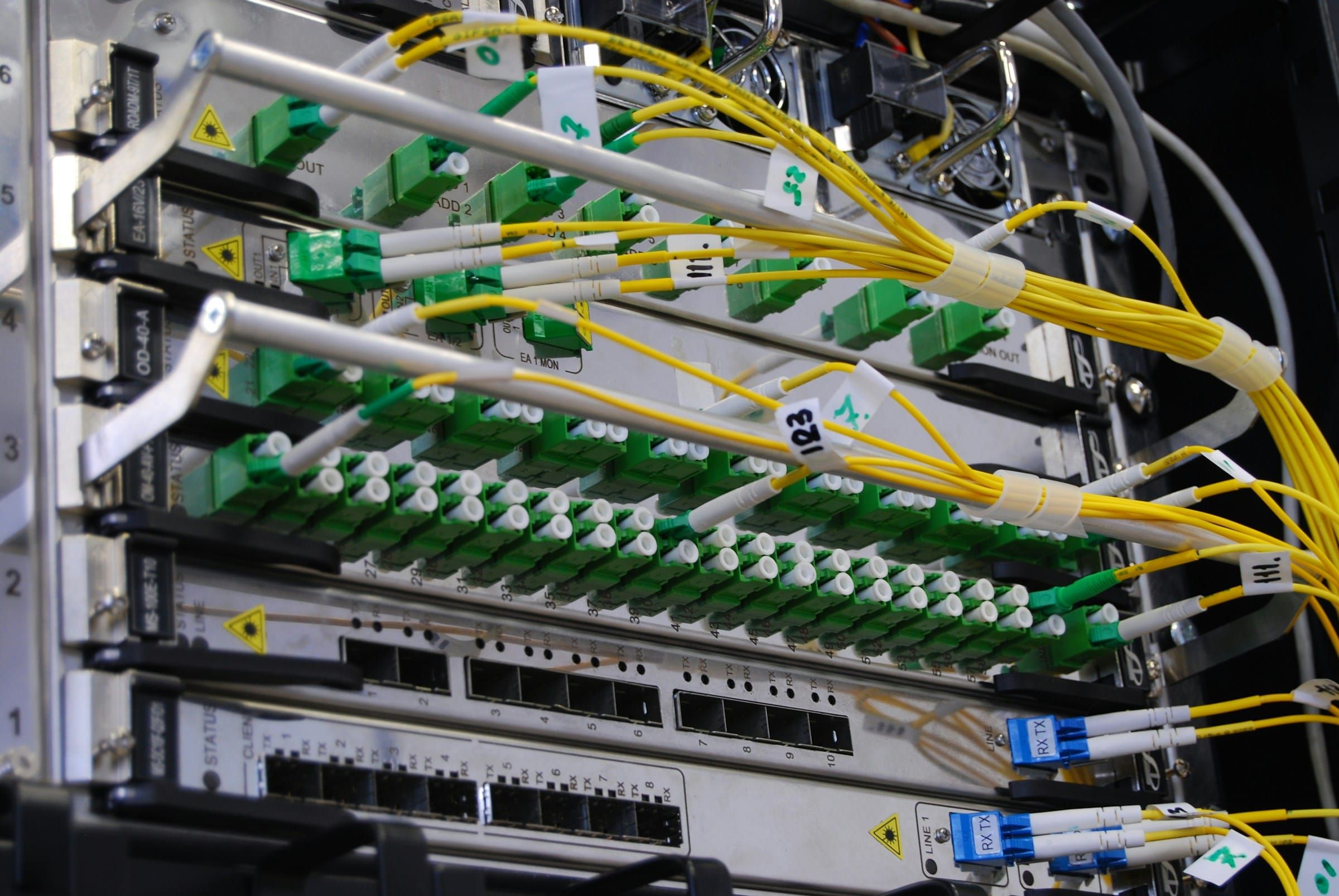 Close-up of a fiber optic switch in a server rack, with yellow patch cables plugged into rows of green and blue connectors